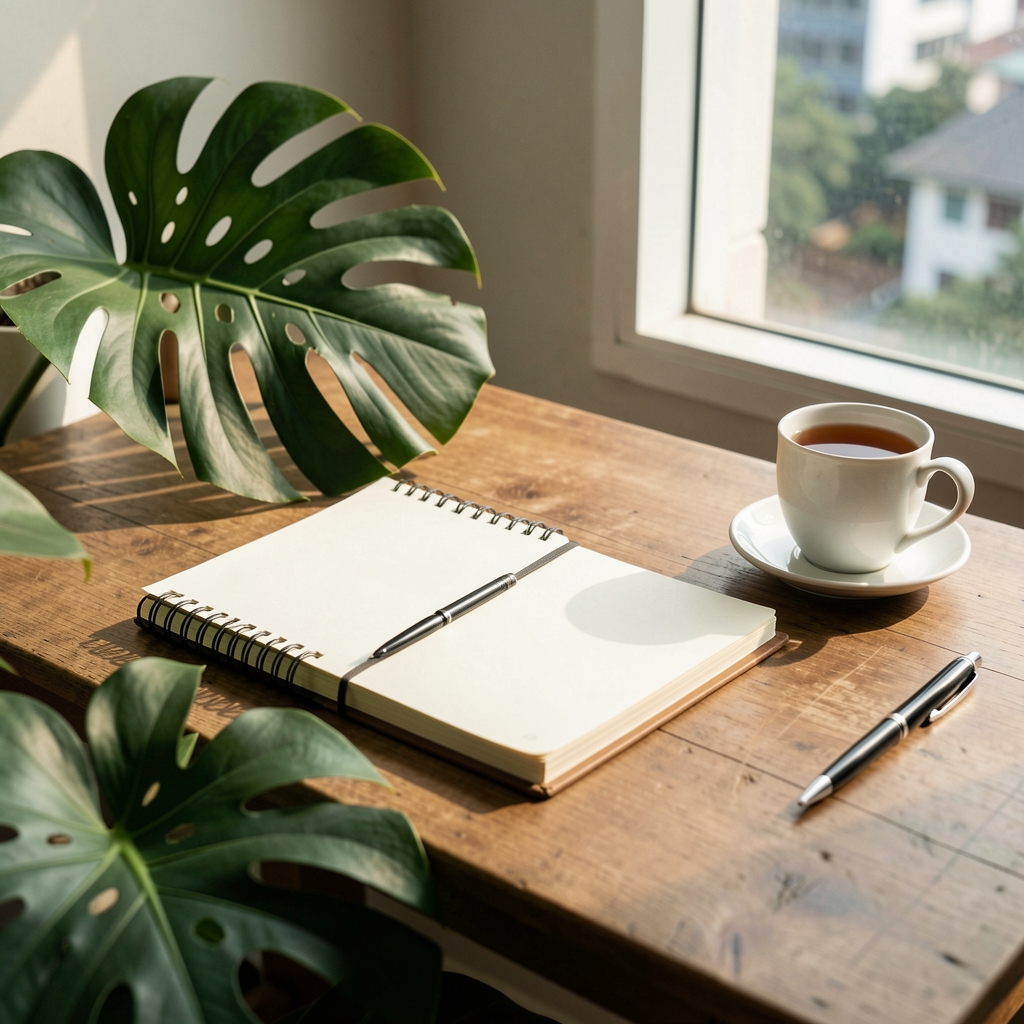 Editorial desk with notebook, tropical leaves, tea, and natural daylight in Jakarta