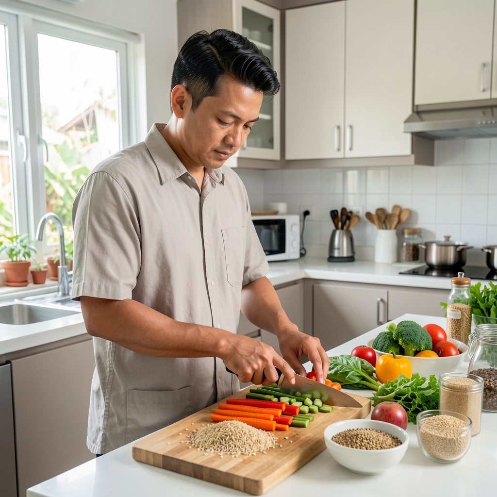 Adult man preparing colorful vegetables and grains in a bright home kitchen in Jakarta