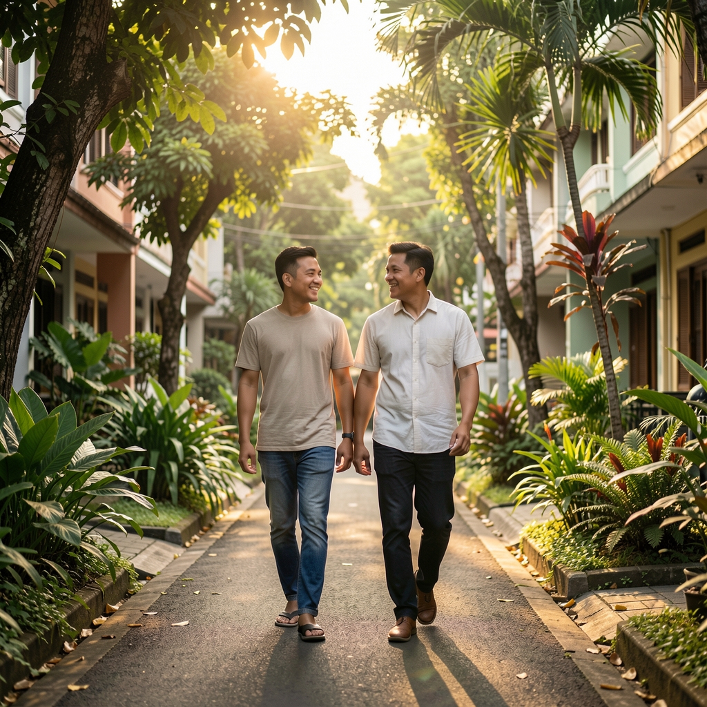 Two adult friends walking together through a leafy Jakarta neighborhood in late afternoon light