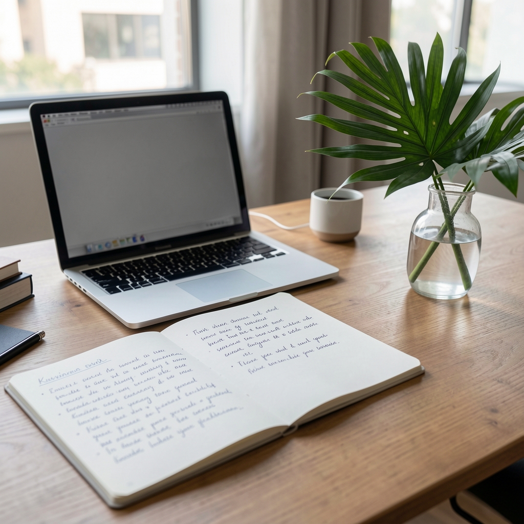 Kalvin editorial desk with handwritten notes, laptop, and a small vase of tropical leaves