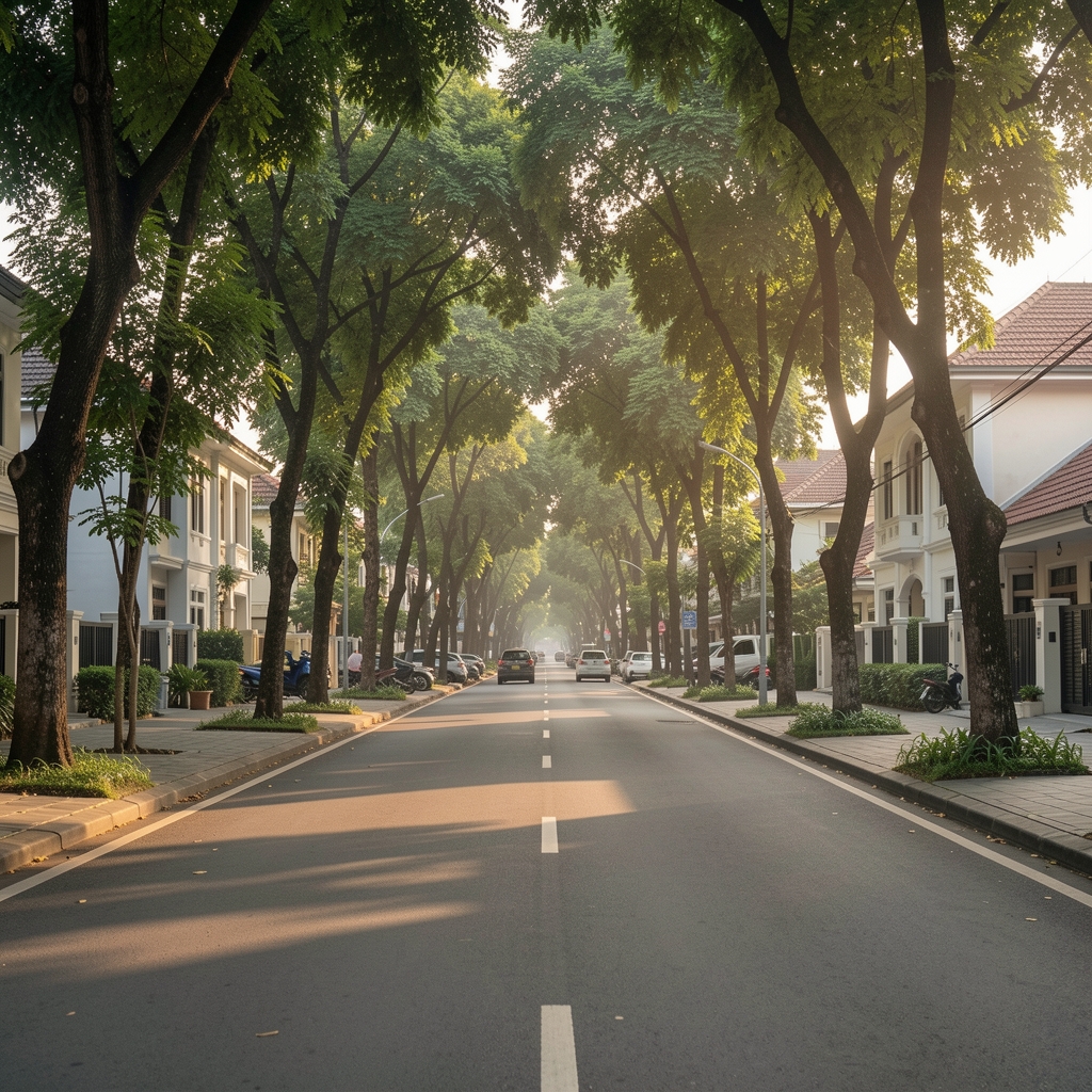 Quiet tree-lined street in Menteng, Central Jakarta, during a warm afternoon