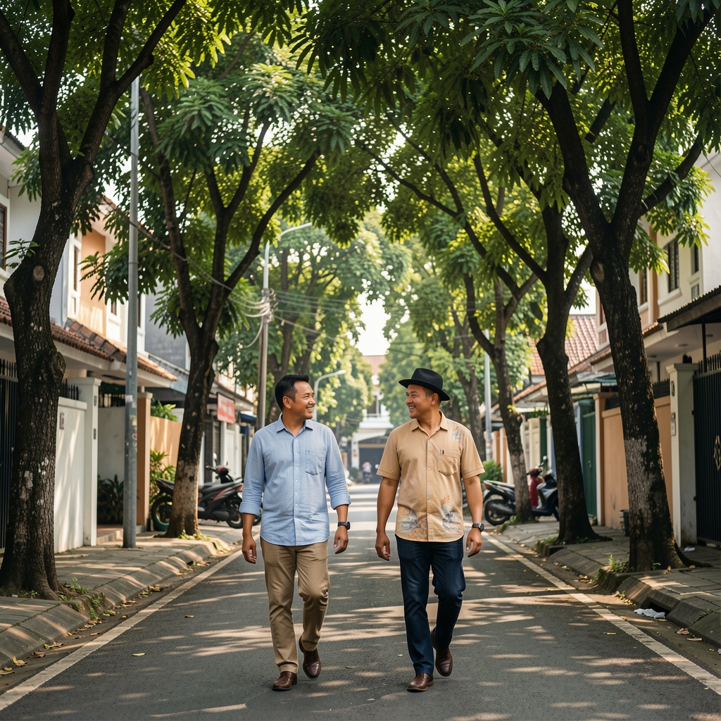 Adult men walking together beneath leafy trees in a Jakarta neighbourhood