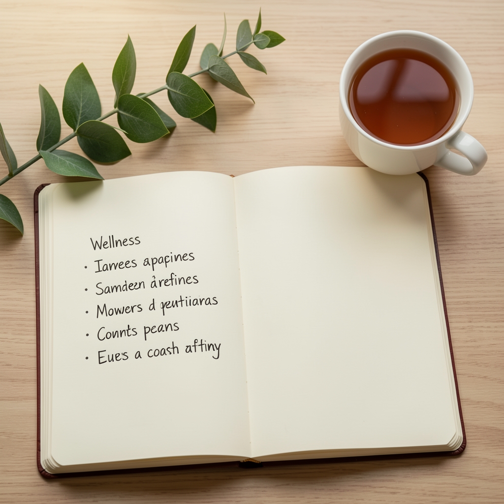 Open notebook with handwritten wellness terms beside tea and a leafy branch
