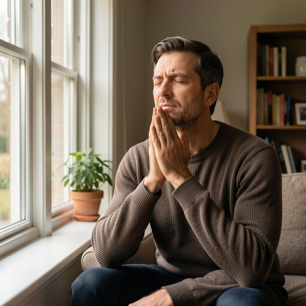 Adult man seated near a window practicing relaxed breathing in a quiet home interior