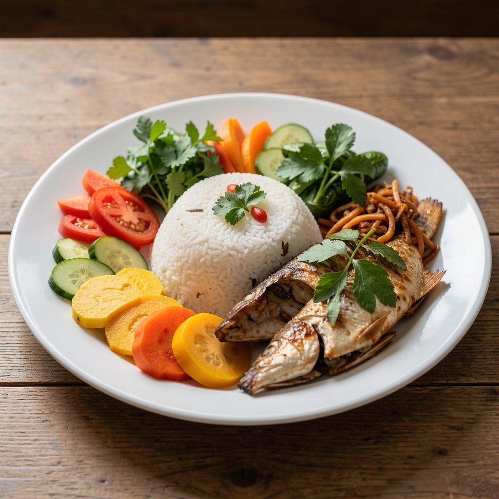 Colorful wholesome plate with vegetables, rice, fish, and herbs inspired by Indonesian cooking