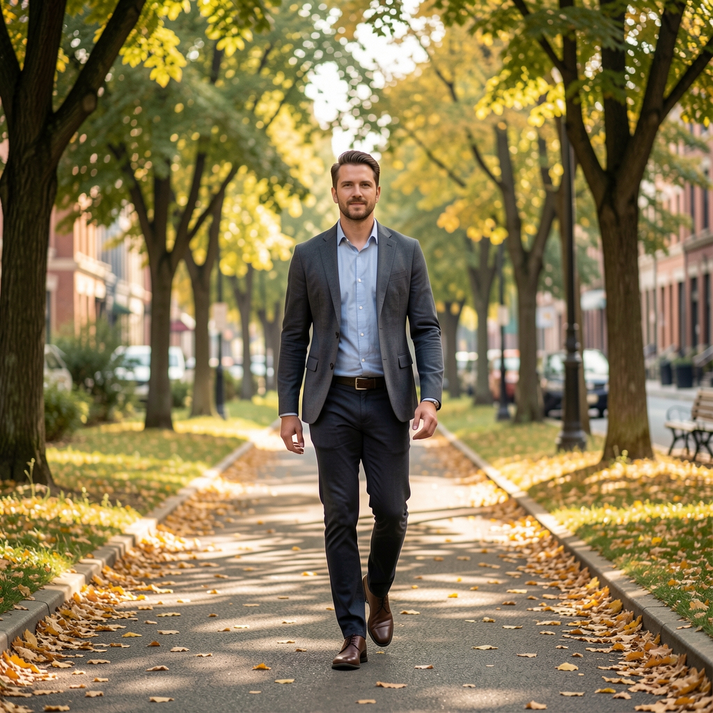 Man walking on a leafy urban path in Central Jakarta during a clear morning