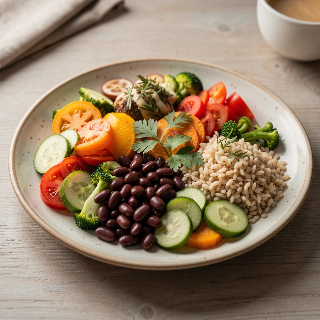 Colourful balanced meal with vegetables, grains, beans, and herbs arranged on a ceramic plate
