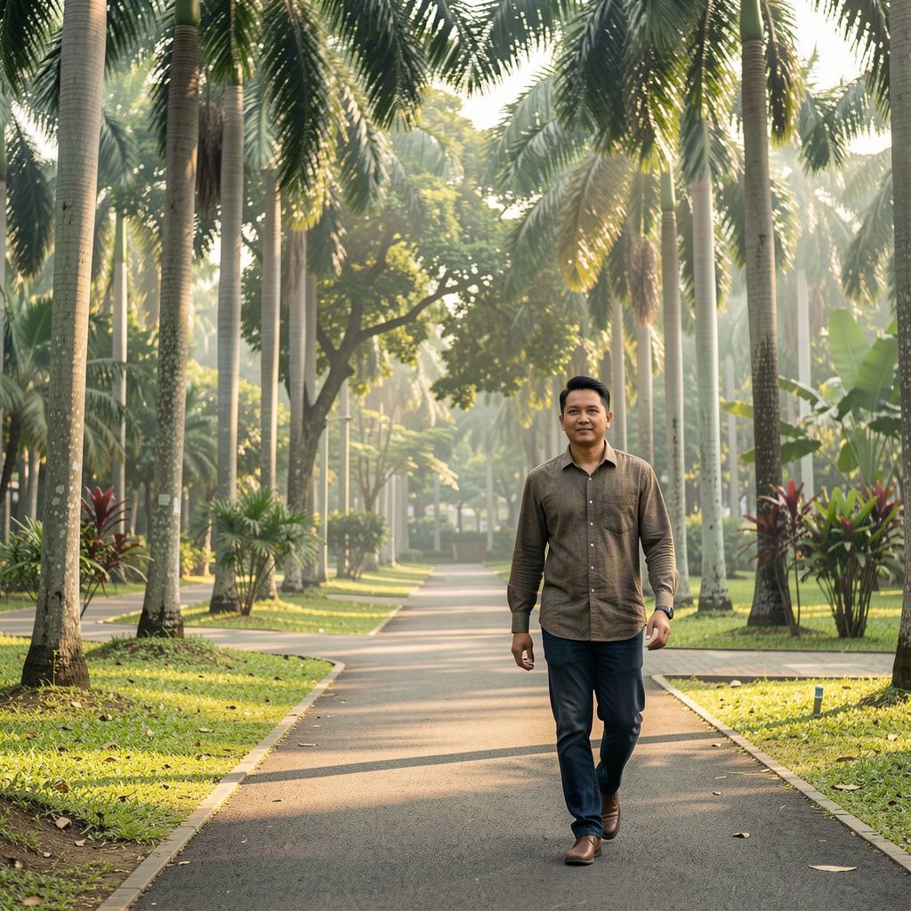 Adult man walking beside a quiet Jakarta park with tropical trees and morning light
