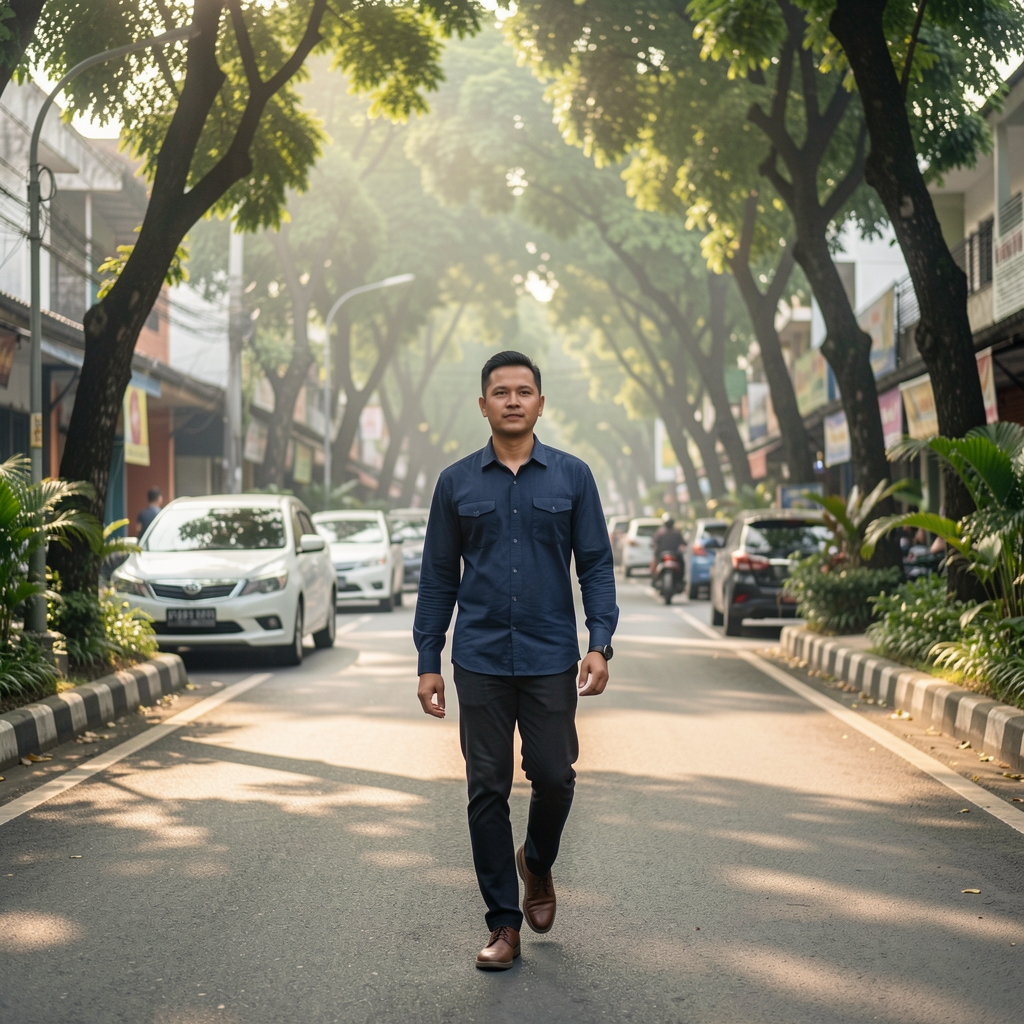 Man walking through a leafy Jakarta street in gentle morning light