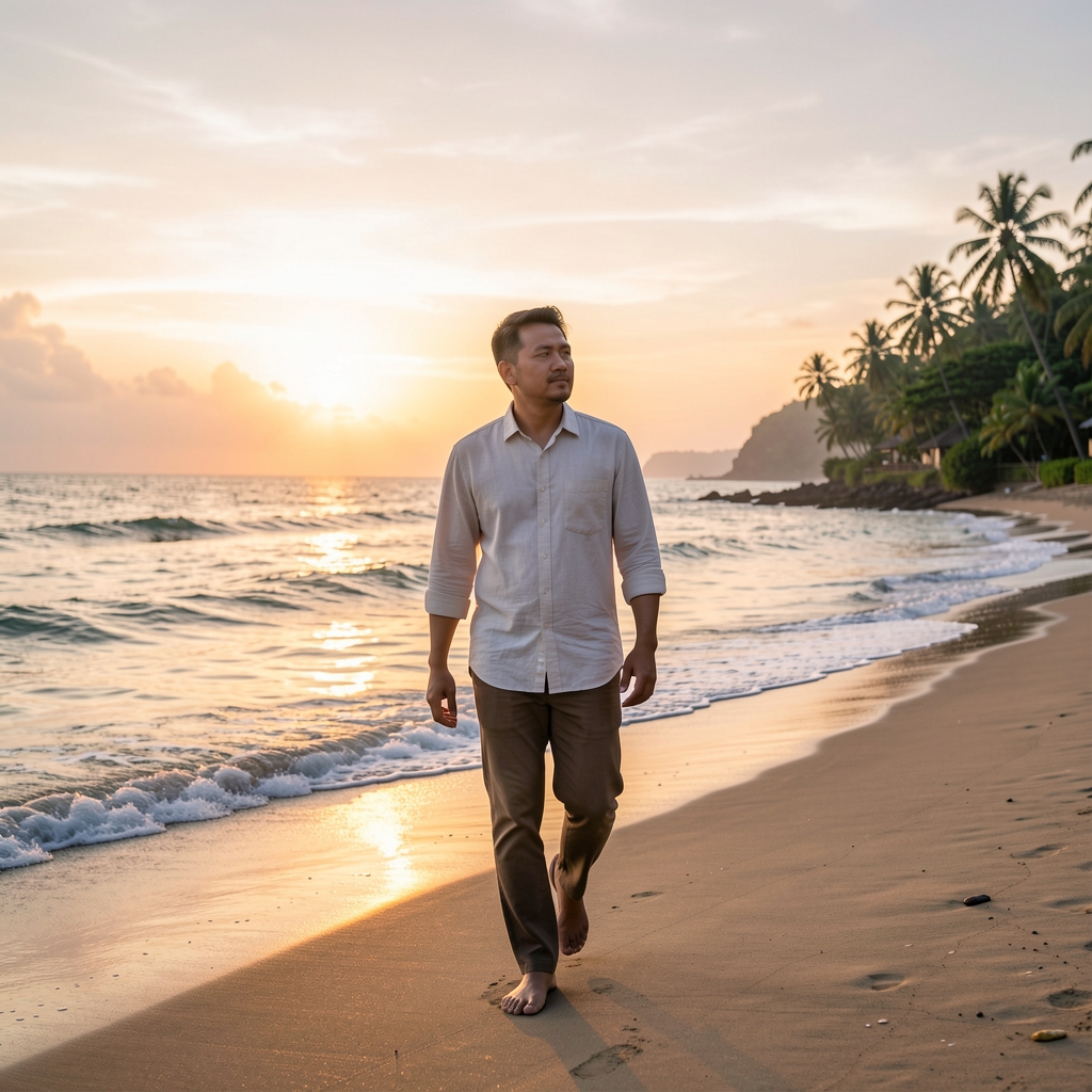 Adult man walking mindfully along a quiet Indonesian coastline at sunrise with gentle waves behind him