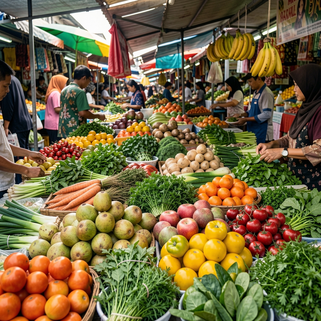Fresh tropical produce and herbs arranged at a Jakarta market stall