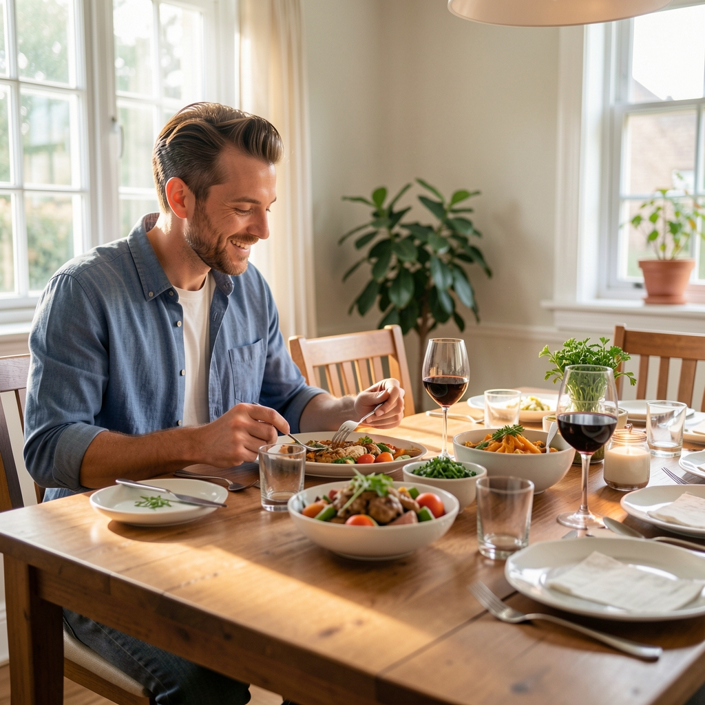 Man sharing a balanced home-cooked meal at a sunlit dining table
