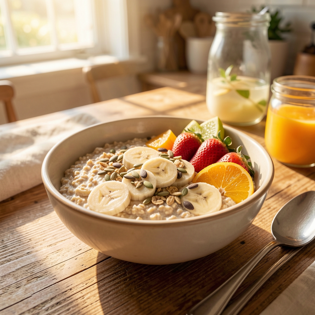 Warm bowl of oats with banana, seeds, and tropical fruit on a sunlit kitchen table