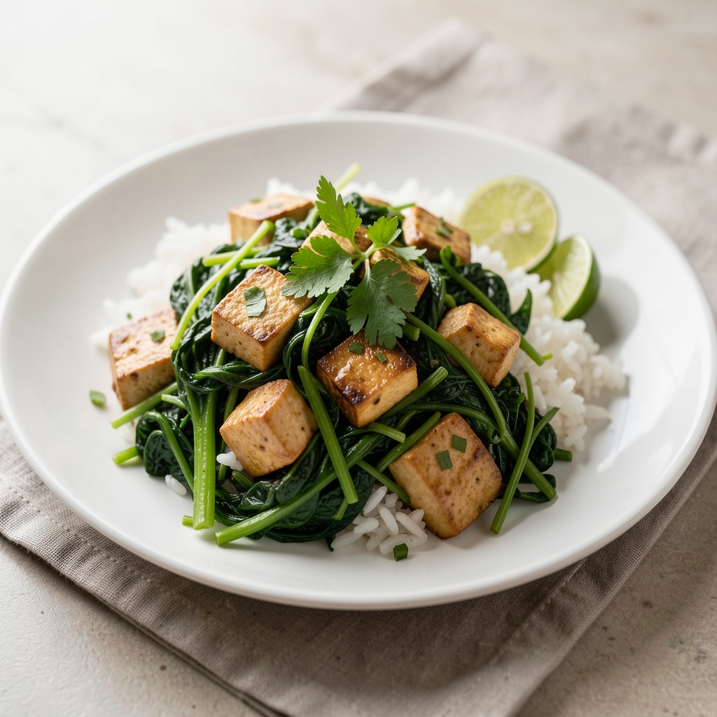 Fresh Indonesian-inspired plate of greens, tofu, herbs, and rice with a lime garnish