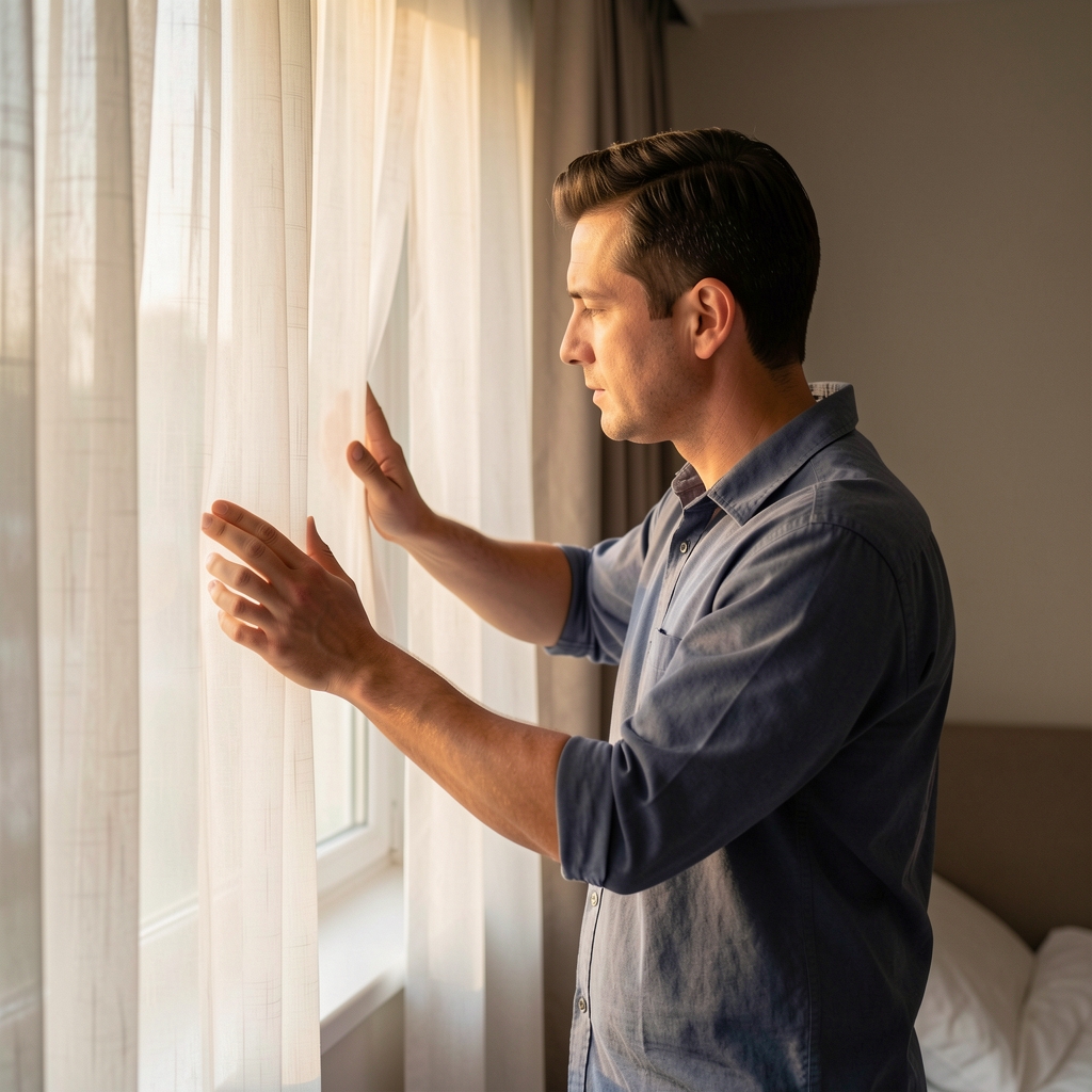 Adult man opening curtains to soft morning light after a quiet night of rest